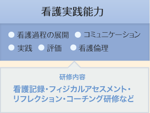 [看護実践能力] 項目:看護過程の展開,コミュニケーション,実践,評価,看護倫理 / 研修内容:看護記録,フィジカルアセスメント,リフレクション,コーチング研修など